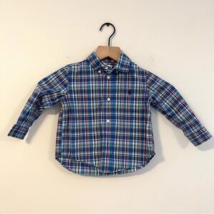Ralph Lauren Boy’s Button Down Dress Shirt size 24 Months Plaid Red Blue Logo